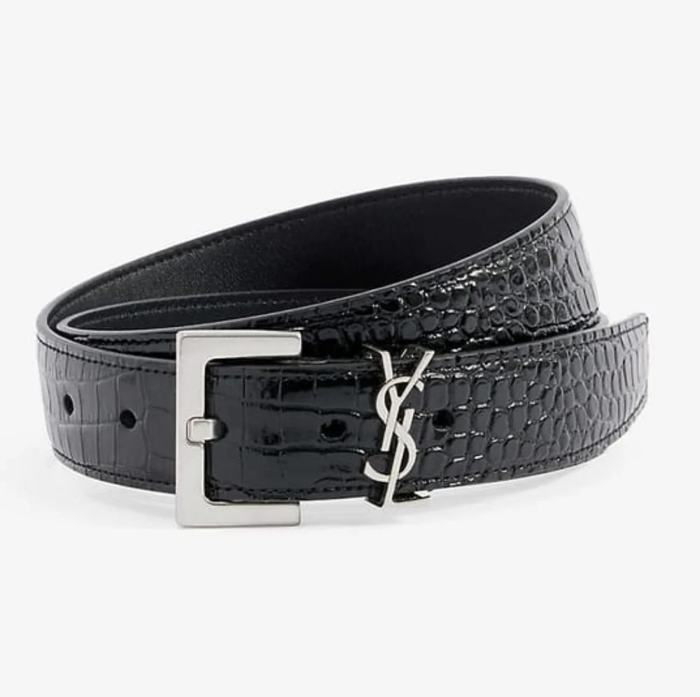 SAINT LAURENT Monogram-Buckle Croc-Embossed Leather Belt Size 75 - Picture 1 of 7